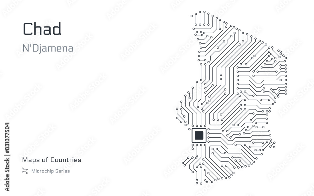 Chad Map with a capital of N'Djamena Shown in a Microchip Pattern with processor. E-government. World Countries vector maps. Microchip Series Chad Map with a capital of N'Djamena Shown in a Microchip Pattern with processor. E-government. World Countries vector maps. Microchip Series