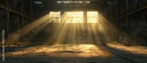 In an abandoned warehouse, shafts of sunlight pierce through broken windows, illuminating the vast emptiness and echoing the potential for creation within its walls. photo