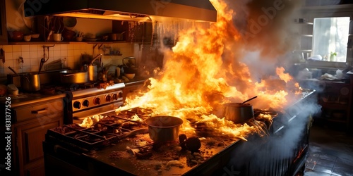 Smoke and flames erupt from kitchen accident escalating into a dangerous inferno. Concept Kitchen Fire  Emergency Response  Dangerous Situation  Flames  Safety Measures