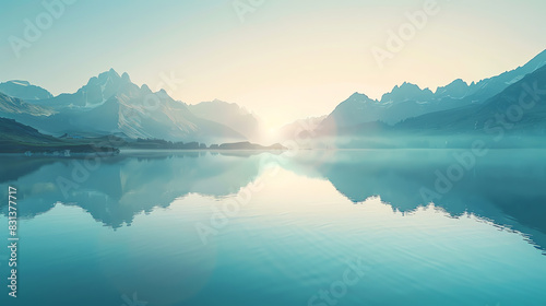 serene mountain lake  still waters  reflective surface  peaceful surroundings  close up  focus on  copy space  Double exposure silhouette with peaks.