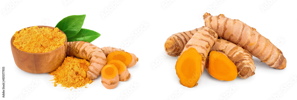 turmeric root and powder isolated on white background close up turmeric root and powder isolated on white background close up
