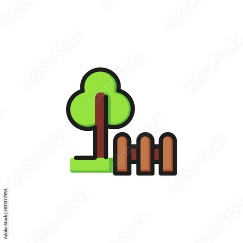 Icon of tree and fence. Summer, yard, neighborhood. Garden concept. Can be used for topics like environment, country, farm