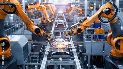 High-tech assembly line with robotic arms  assembling automotive parts  clean and modern factory environment  feeling of advanced technology and precision  photography  wide-angle shot
