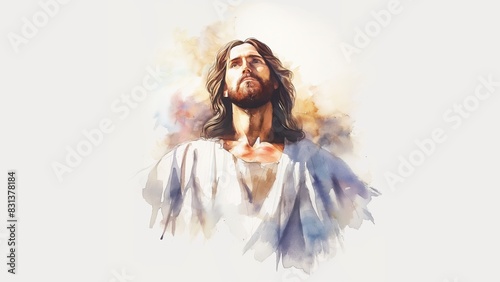 Watercolor portrait of Jesus Christ with copy space. New Testament. Biblical Illustration.