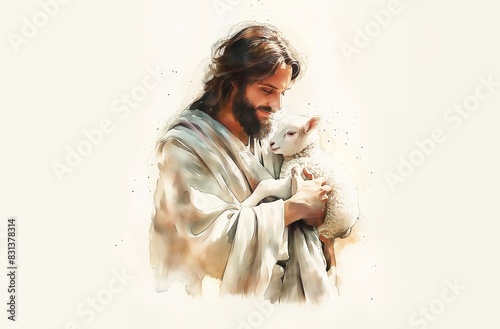 Jesus with a lamb in his arms. Watercolor Biblical Illustration. New Testament.