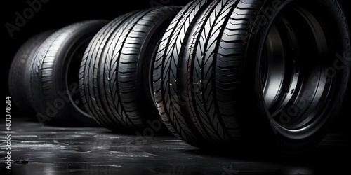 Dark background with stack of new car tires ideal for tire fitting. Concept Automotive Industry, Tire Fitting, Car Maintenance, Dark Background, New Tires photo