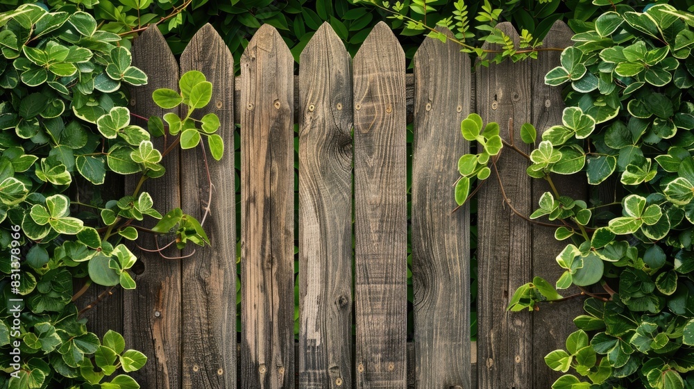 Plant framed wooden garden fence. fence with trees Plant framed wooden garden fence. fence with trees