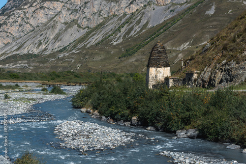 Necropolis near settlement Dargavs. Dargavs Village: City of the Dead. North Ossetia - Alania Republic, Russia. photo