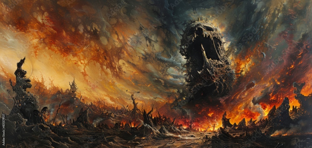 Worms eye View Detailed Oil Painting Ancient Wrathful Insect Deity 