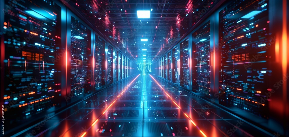 Worms-eye view of a massive, futuristic data tower, gleaming with flowing information, symbolizing power and authority, CG 3D render with intricate details and vibrant lights