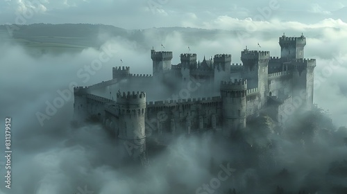 Atmospheric Medieval Castle Shrouded in Mysterious Fog Evoking a Bygone Era of History and Intrigue