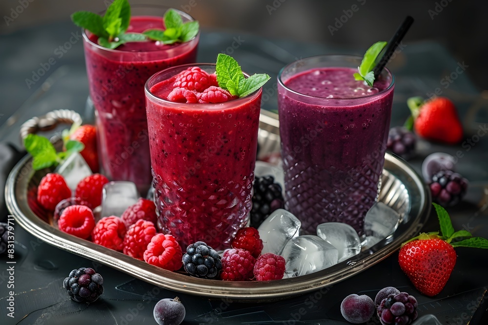 Vibrant Berry Smoothie Drink in Frosty Glasses on Rustic Metal Tray with Fresh Ingredients Vibrant Berry Smoothie Drink in Frosty Glasses on Rustic Metal Tray with Fresh Ingredients