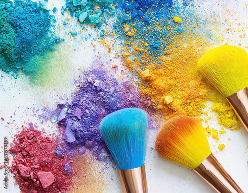 Makeup brushes and colorful powders on white  background.  photo