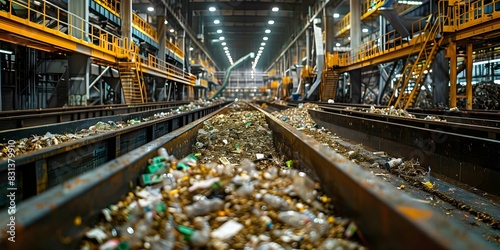 A waste recycling line at a waste sorting plant is shown in the photo. Concept Environment, Waste Management, Recycling, Sustainability, Industry photo