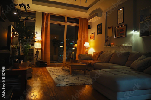 In a cozy living room bathed in warm sunlight  a plush brown sofa takes center stage  inviting relaxation and comfort. 