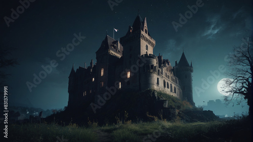 An abandoned castle looms eerily in the moonlit night  its crumbling towers haunted by whispers of forgotten tales and shadows of bygone glory  Generative AI