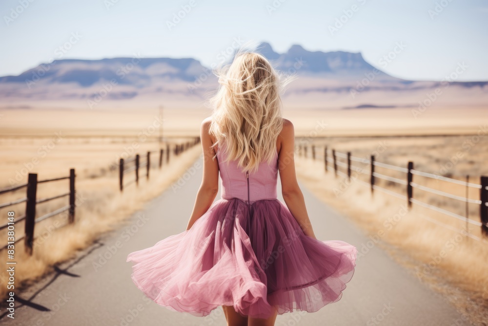 Graceful woman in trendy pink dress leisurely strolling on the charming scenic road