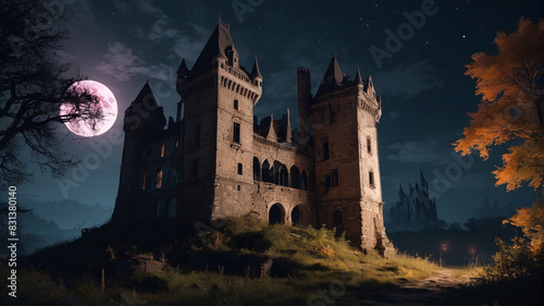 An abandoned castle looms eerily in the moonlit night, its crumbling towers haunted by whispers of forgotten tales and shadows of bygone glory, Generative AI