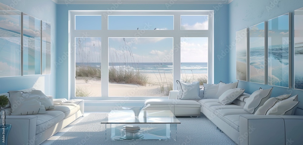 serene living room with soft ocean blue walls and a large window overlooking a sandy beach serene living room with soft ocean blue walls and a large window overlooking a sandy beach