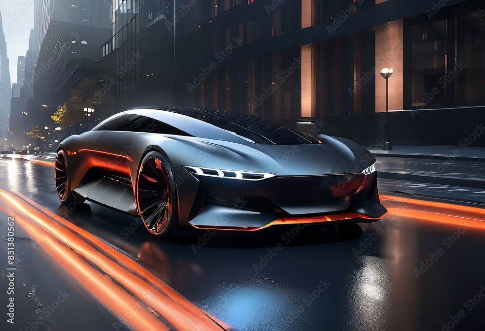 Fototapeta premium concept of a futuristic car of the future on a night city street, modern electric car,