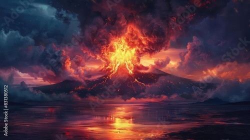 A volcanic eruption at night, with glowing lava illuminating the dark sky and landscape, powerful and fiery, high contrast, digital painting, photo