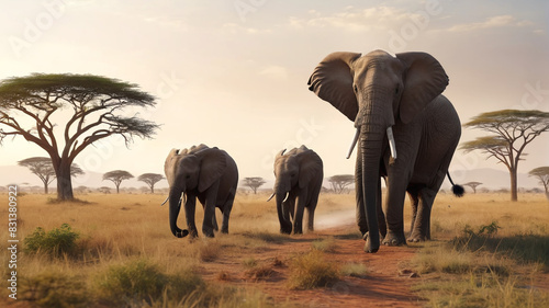 A family of elephants traverses the African savanna  their graceful movements and gentle trumpets echoing across the vast expanse of the plains  Generative AI