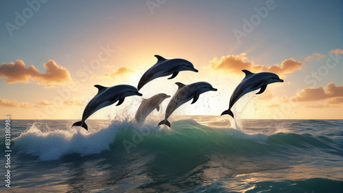 A pod of dolphins leaps joyfully through the waves, their sleek forms slicing through the ocean spray as they dance beneath the endless sky, Generative AI
