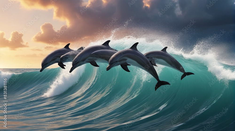 Fototapeta premium A pod of dolphins leaps joyfully through the waves, their sleek forms slicing through the ocean spray as they dance beneath the endless sky, Generative AI