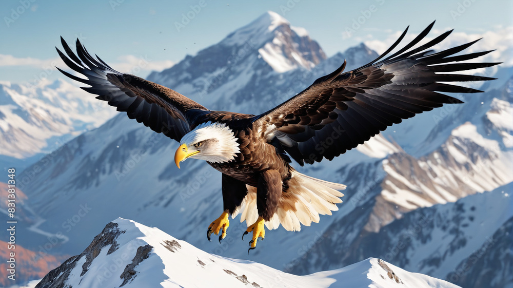 A majestic eagle soars high above snow-capped peaks, its keen gaze scanning the landscape below with a sense of regal freedom and power, Generative AI A majestic eagle soars high above snow-capped peaks, its keen gaze scanning the landscape below with a sense of regal freedom and power, Generative AI