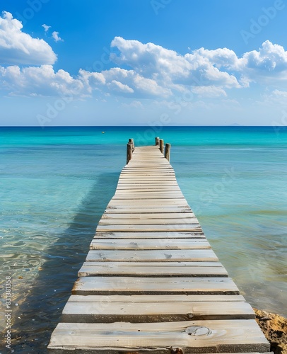 Wooden Pier on Turquoise Sea with Blue Sky in Formentera, Spain