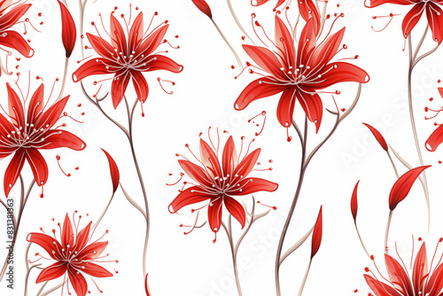 Higanbana (Red Spider Lily) flowers seamless pattern in japanese style on white background photo