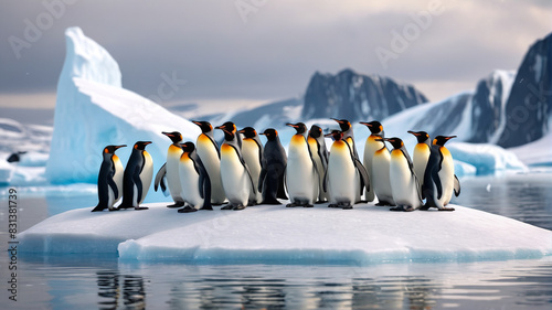 A colony of penguins huddles together on a windswept ice floe  their resilient spirits shining bright amidst the harsh beauty of the Antarctic landscape  Generative AI