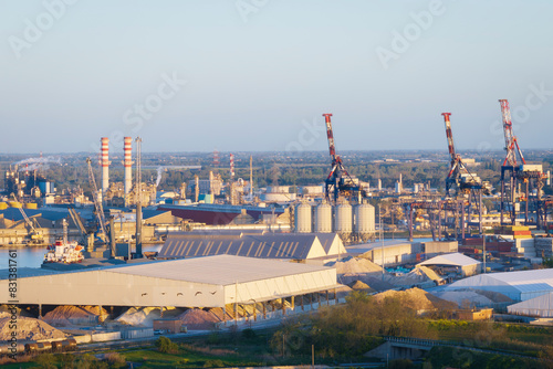 Aerial view of the industrial and port area of Ravenna  chemical and petrochemical pole thermoelectric metallurgical plants and hydrocarbon refinery and liquefied natural gas tanks