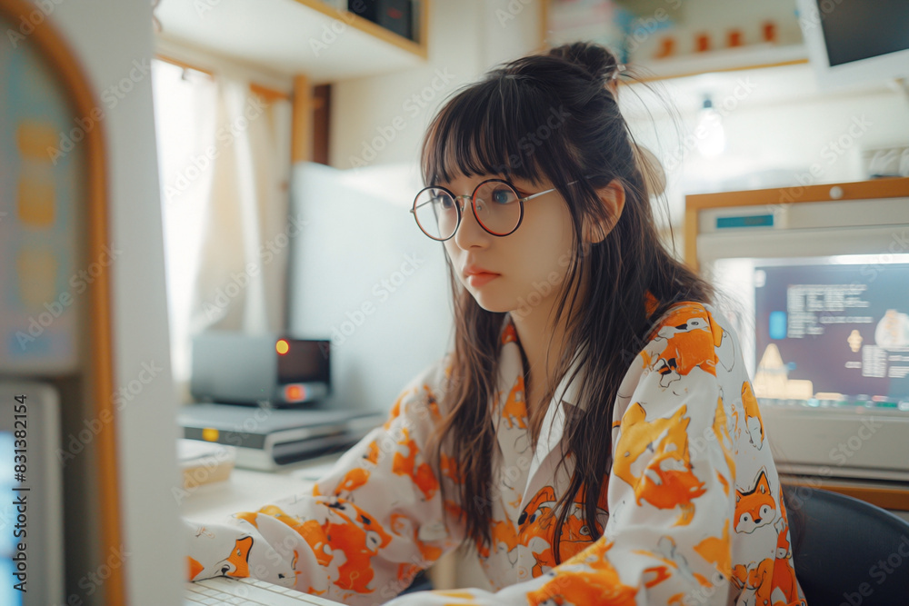 female programmer in cute fox pajamas and Thin big round glasses, working in her small condominium room female programmer in cute fox pajamas and Thin big round glasses, working in her small condominium room