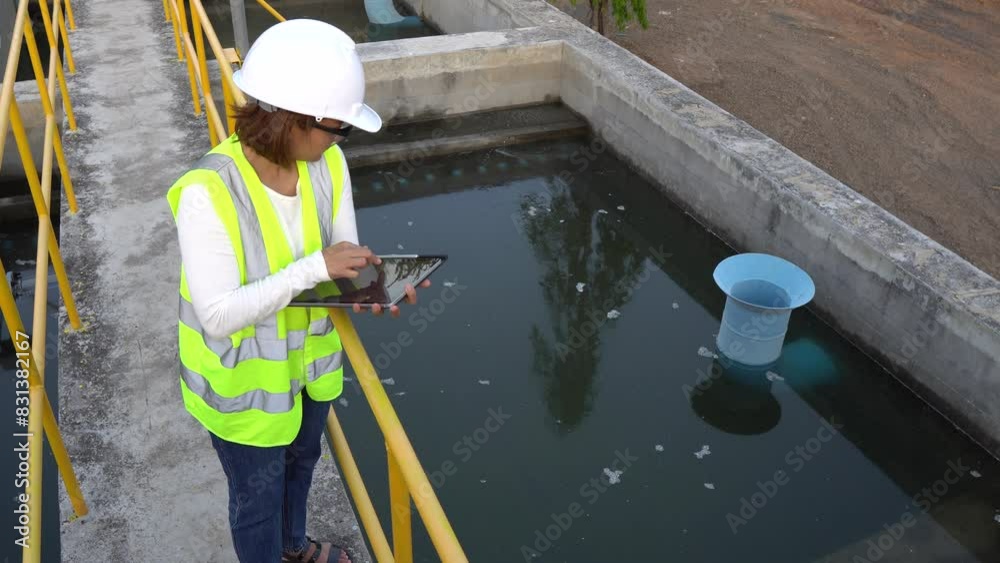 A female engineer working at a water treatment plant,drawing water into reservoirs,improving its quality,adding coagulants,filtering sedimented water,and adjusting the water before distribution. A female engineer working at a water treatment plant,drawing water into reservoirs,improving its quality,adding coagulants,filtering sedimented water,and adjusting the water before distribution.