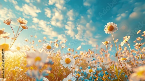 Serene and Artistic Natural Scene: Beautiful Pastoral Landscape with Chamomile and Blue Wild Peas in Morning Haze Against a Blue Sky with Clouds.  photo