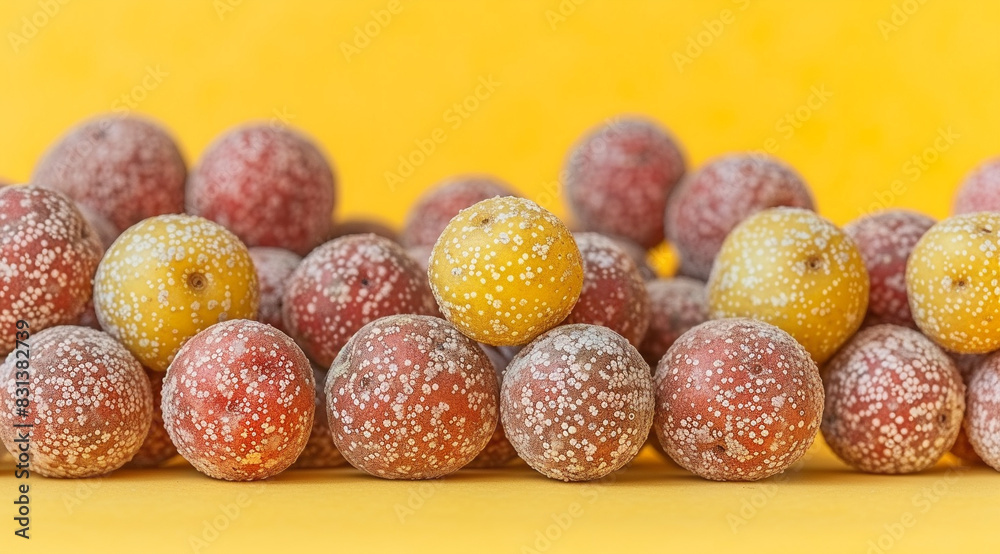 Mound of russet potatoes on a bright yellow surface. Ideal for International Day of Potato or showcasing potato varieties. Mound of russet potatoes on a bright yellow surface. Ideal for International Day of Potato or showcasing potato varieties.