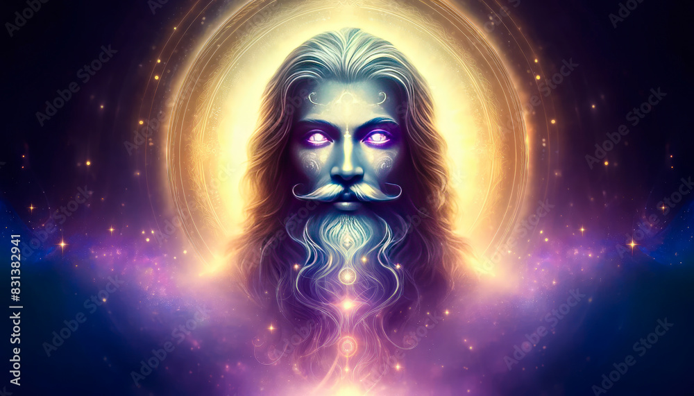 Mystical Indian Wise Man With Glowing Eyes And Third Eye Concept Surrounded By Cosmic Light Halo - AI Generated Mystical Indian Wise Man With Glowing Eyes And Third Eye Concept Surrounded By Cosmic Light Halo - AI Generated