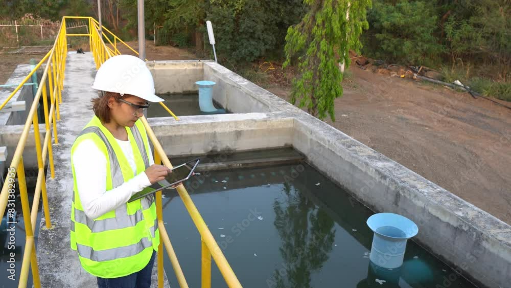A female engineer working at a water treatment plant,drawing water into reservoirs,improving its quality,adding coagulants,filtering sedimented water,and adjusting the water before distribution. A female engineer working at a water treatment plant,drawing water into reservoirs,improving its quality,adding coagulants,filtering sedimented water,and adjusting the water before distribution.