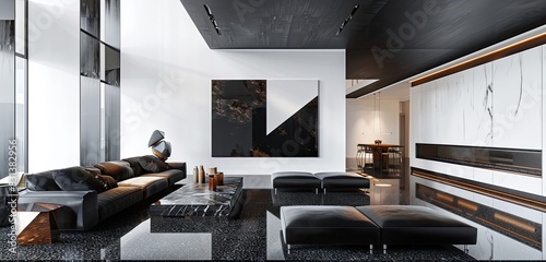 chic monochromatic living room with high ceilings and minimalist black furniture photo