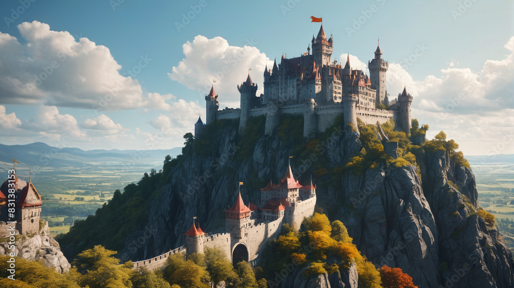 Enchanting portrayal of a majestic castle perched atop a cliff ...