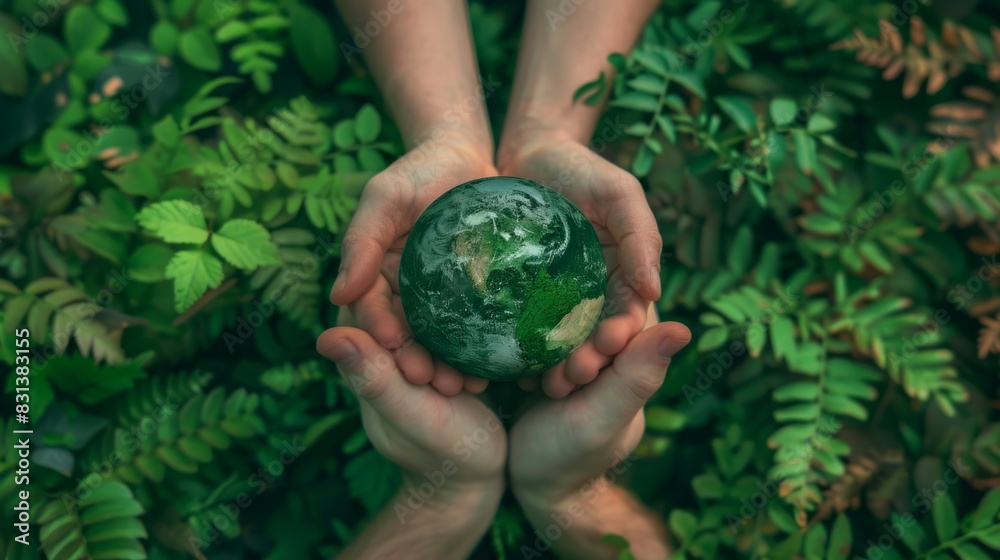 Two hands delicately hold a miniature green earth in front of vibrant green leaves. Two hands delicately hold a miniature green earth in front of vibrant green leaves.