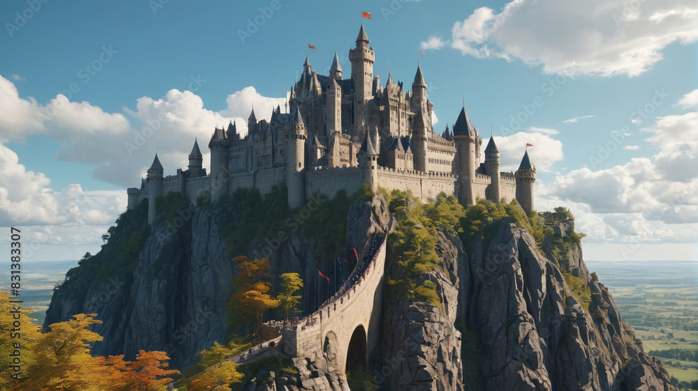 Enchanting portrayal of a majestic castle perched atop a cliff overlooking a vast kingdom, where banners flutter in the wind and dragons soar in the distant sky, Generative AI