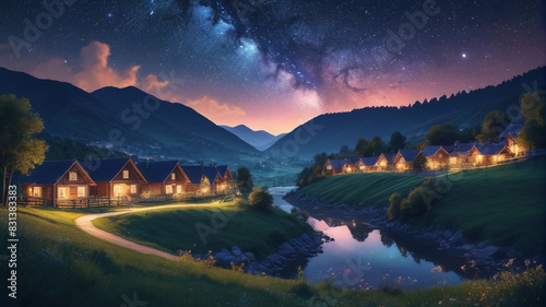 Dreamy illustration of a starlit night over a peaceful village nestled in a valley  where cozy cottages emit a warm glow and the Milky Way cascades across the sky  Generative AI