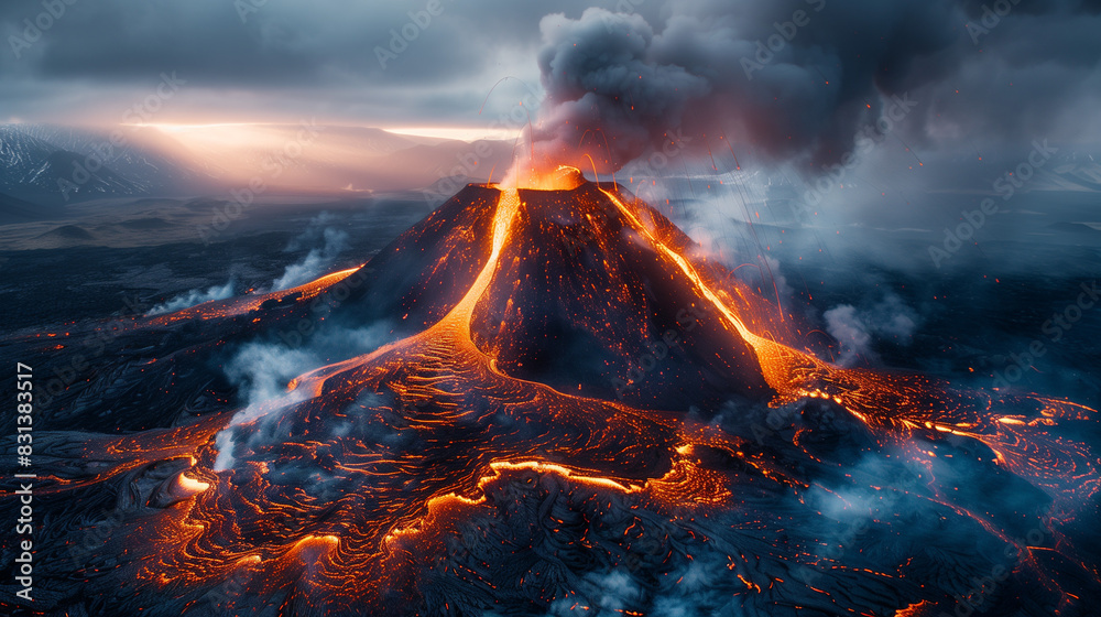 Fototapeta premium Paysage désertique et volcanique avec un volcan en éruption, terre noire fumante avec lave en fusion pour un effet post-apocalyptique
