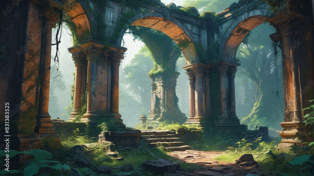 Mysterious painting depicting an ancient ruin hidden deep within a mystical forest, where whispers of forgotten tales echo amidst overgrown vines and crumbling stone, Generative AI