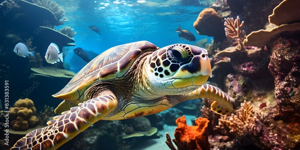 Fototapeta premium Colorful fish turtles and coral in a vibrant underwater ocean ecosystem. Concept Underwater Photography, Marine Life, Colorful Coral, Sea Creatures, Vibrant Ecosystem