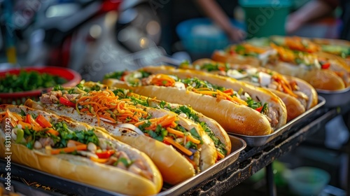 A street food stall in Ho Chi Minh City preparing fresh banh mi sandwiches busy market background rich textures and vibrant colors dynamic and energetic mood professional food photography Sony A9