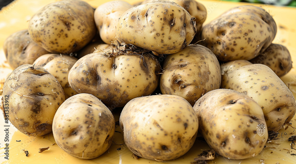 Mound of russet potatoes on a bright yellow surface. Ideal for International Day of Potato or showcasing potato varieties. Mound of russet potatoes on a bright yellow surface. Ideal for International Day of Potato or showcasing potato varieties.