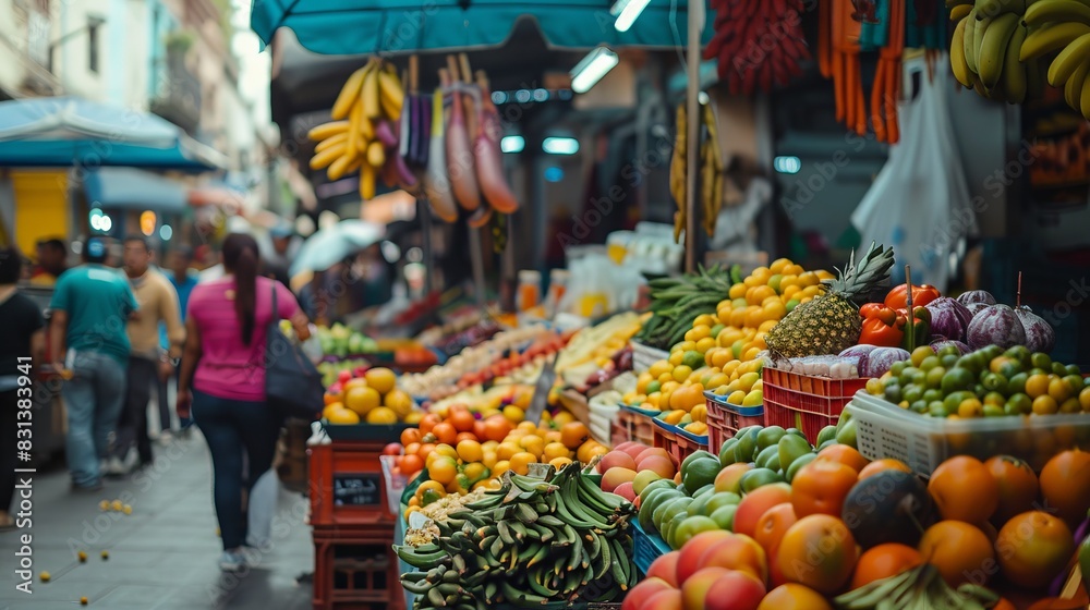 A vibrant street market in Lima with vendors selling ceviche colorful stalls and fresh ingredients dynamic and lively atmosphere high-definition photography Sony A7R III 50mm lens f/2.8